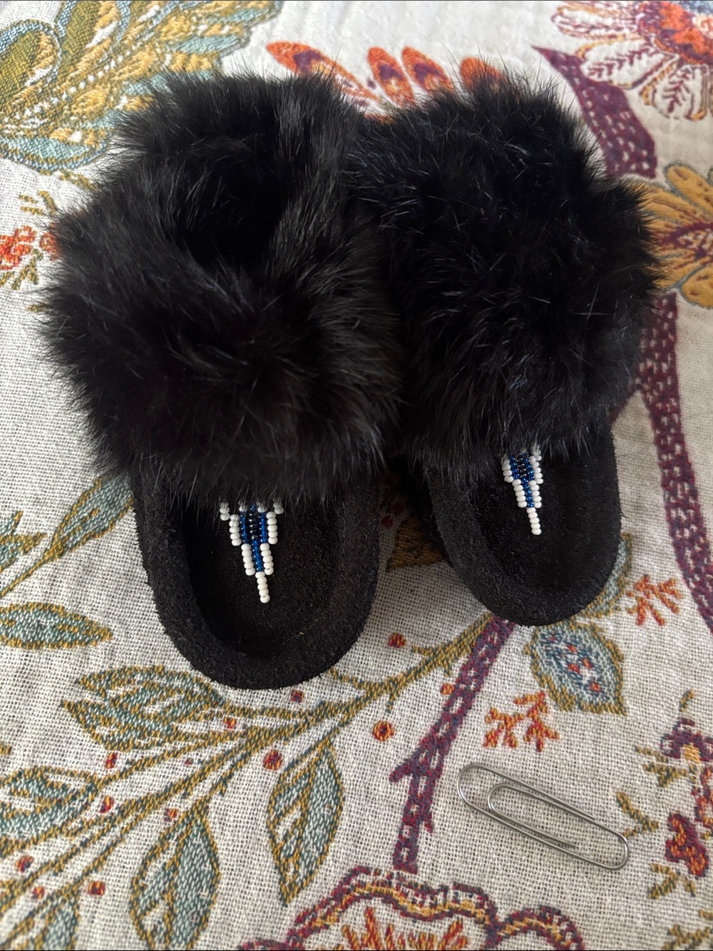 Black Fur Beaded Moccasin Slippers